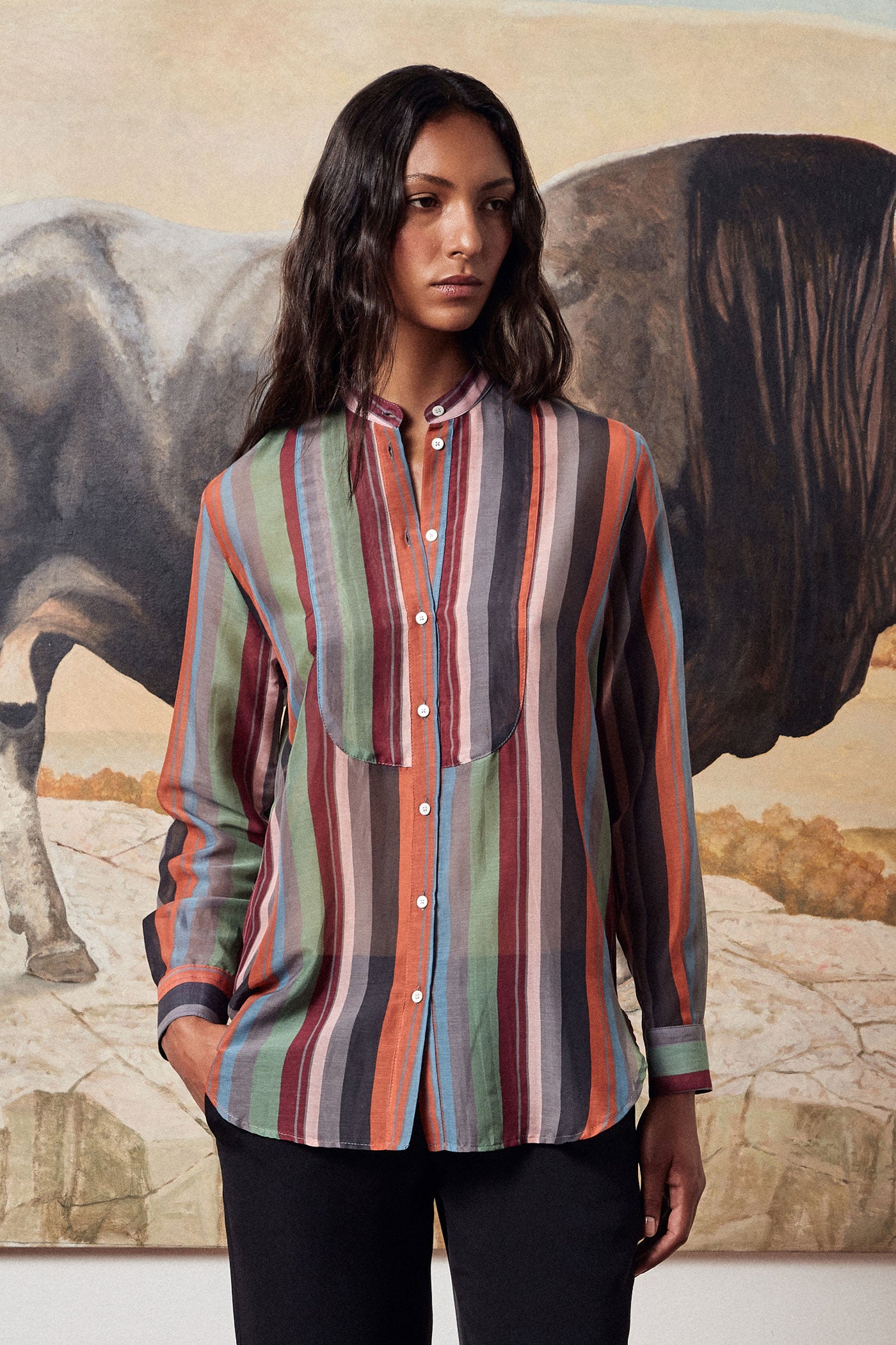 JILL - Grandad-collar linen/cotton shirt - sabbia – Massimo Alba