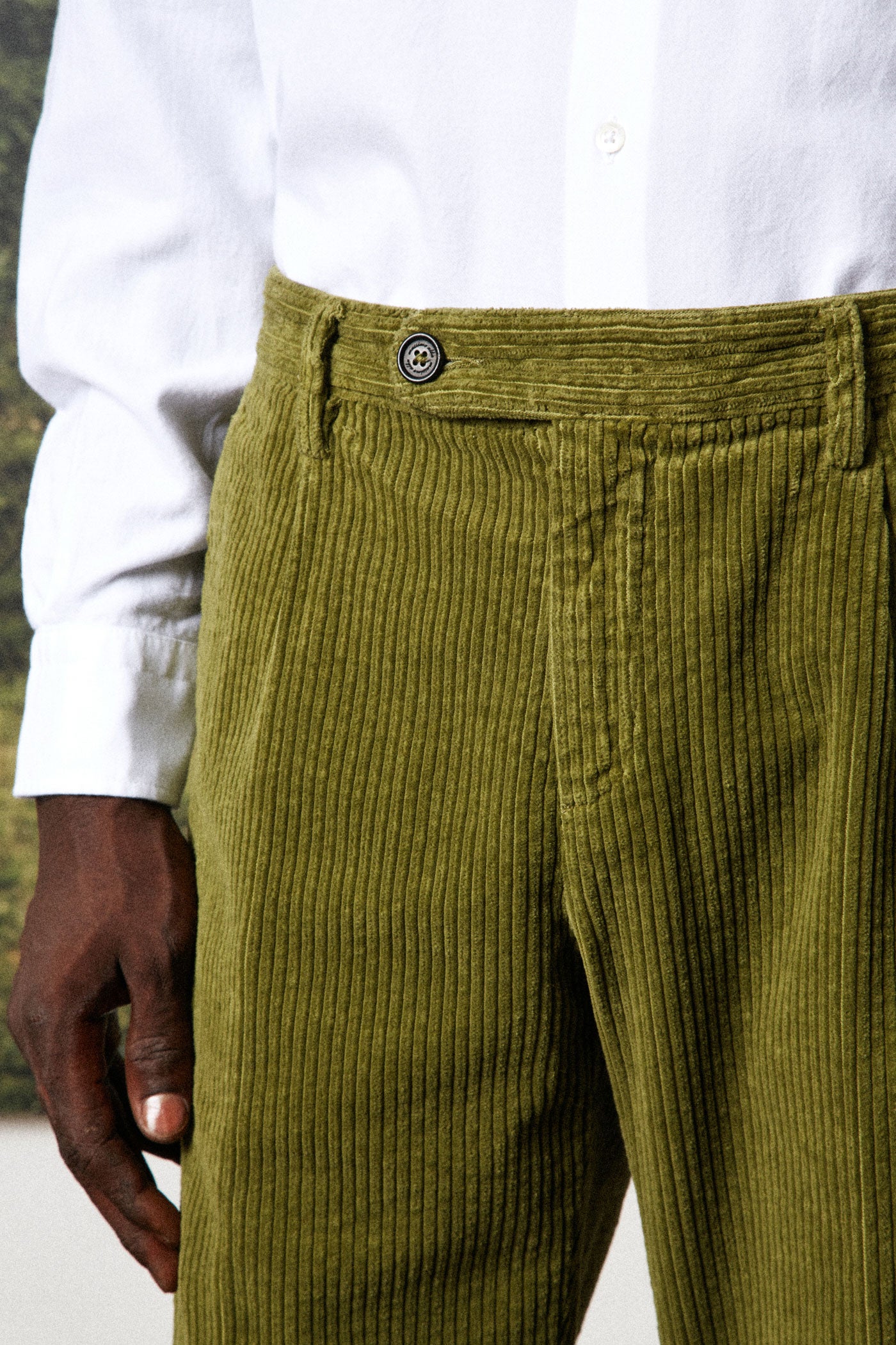 Corduroy green pants 5 pockets organic cotton man | Thinking MU